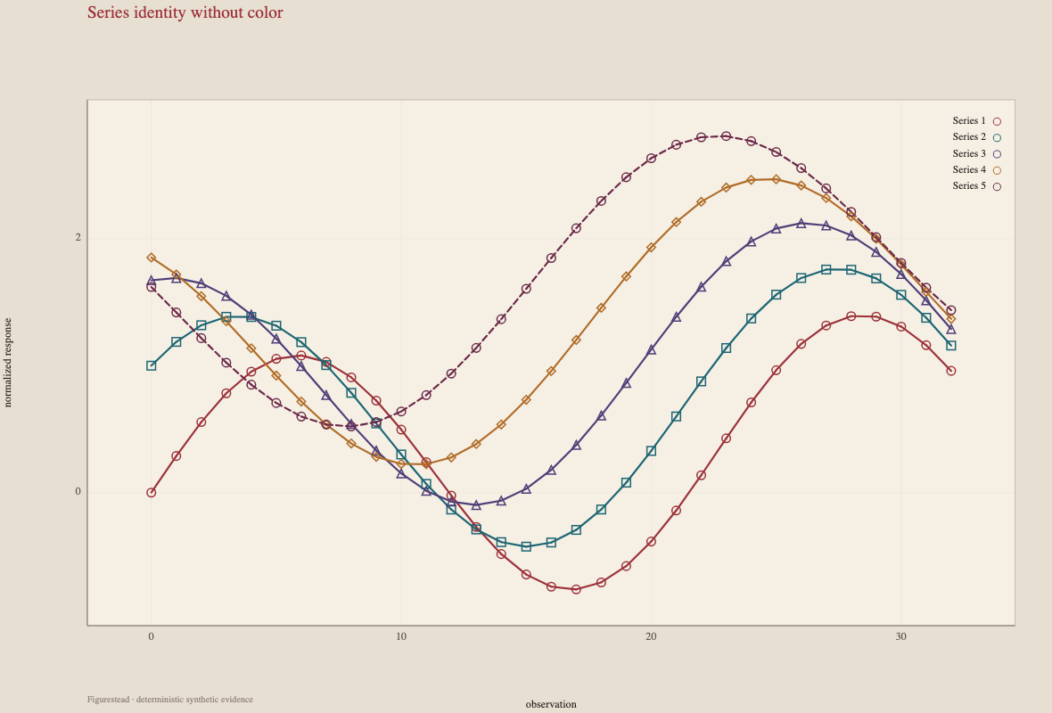 Original chromatic five-series evidence with redundant marker and dash identities